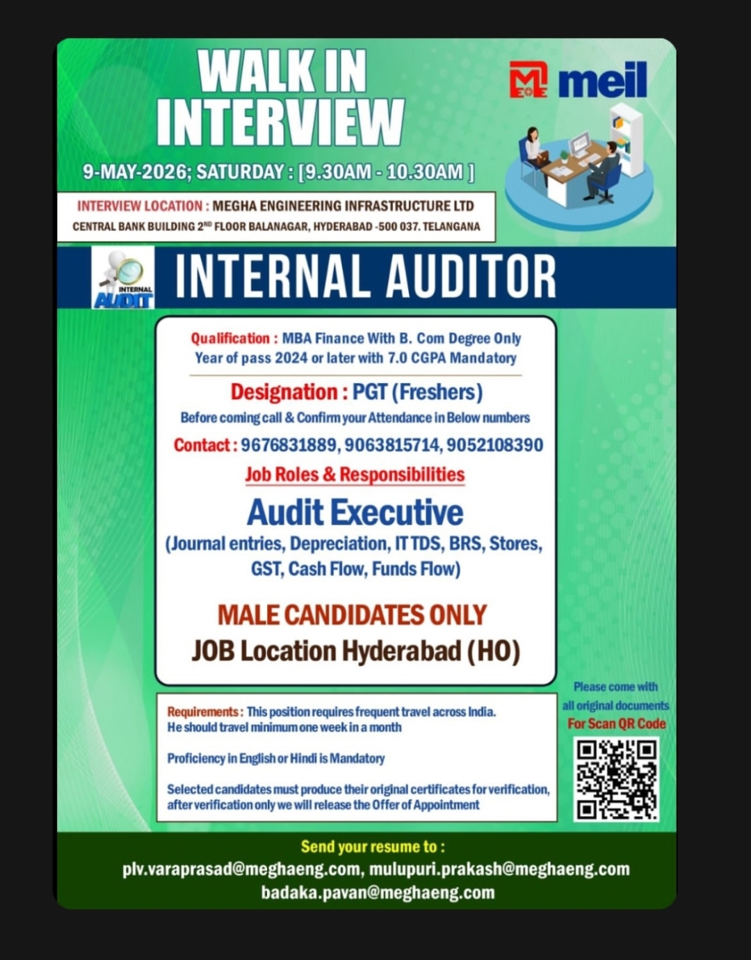 🚨 WALK-IN INTERVIEW | INTERNAL AUDITOR (FRESHERS) 🚨