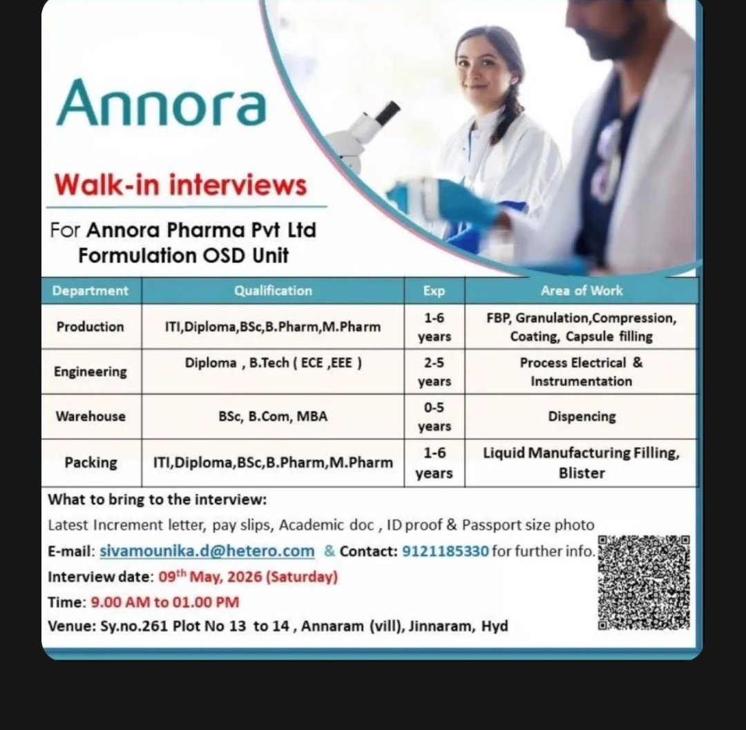 🚨 Walk-In Interviews at Annora Pharma Pvt Ltd 🚨
