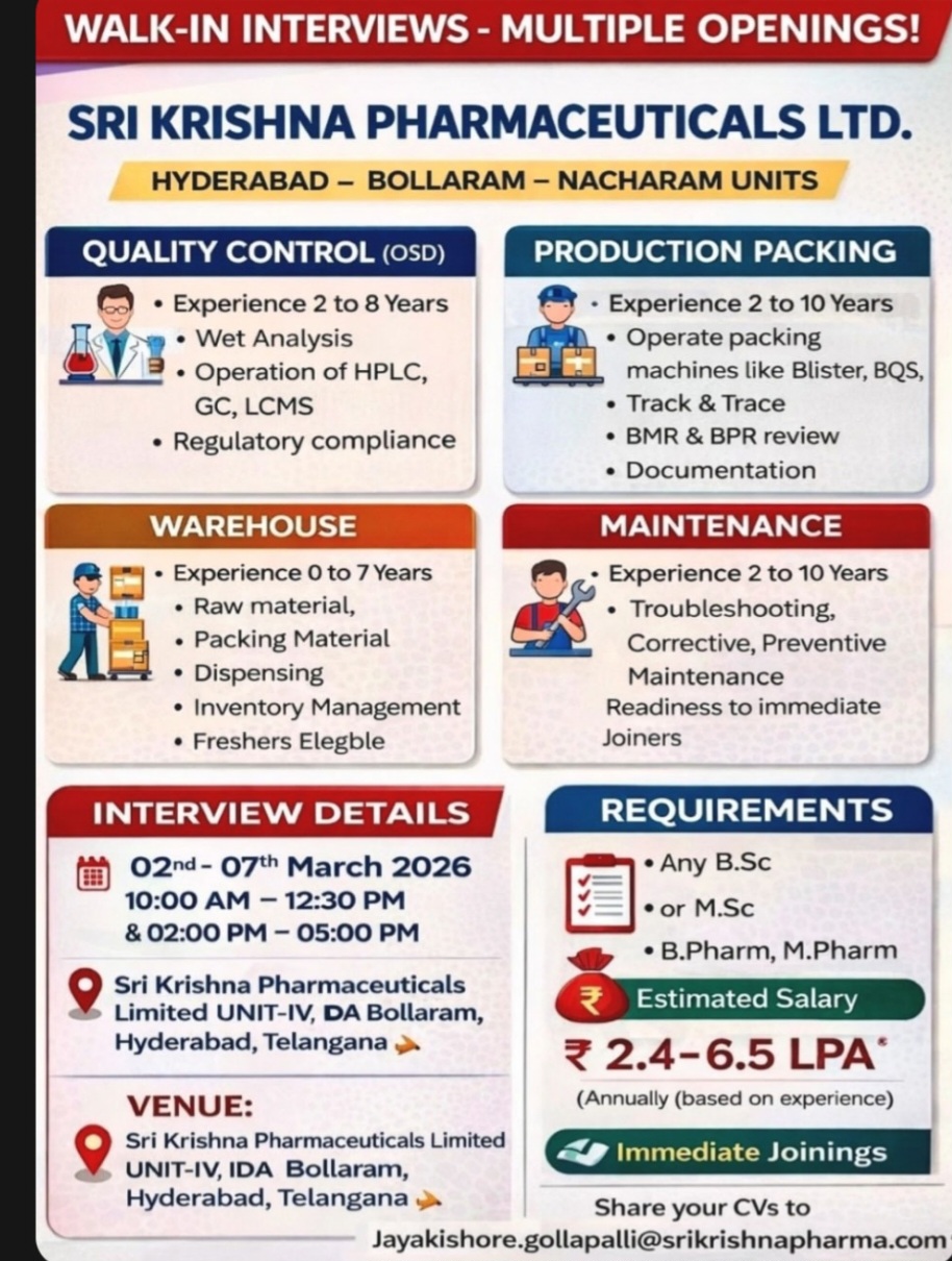Walk-in Interviews – Multiple Openings | Sri Krishna Pharmaceuticals Ltd. (Hyderabad)