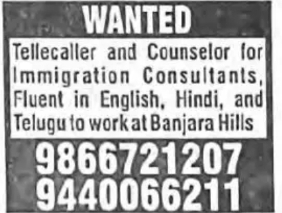 WANTED: Telecallers & Counselors (Immigration Consultants)