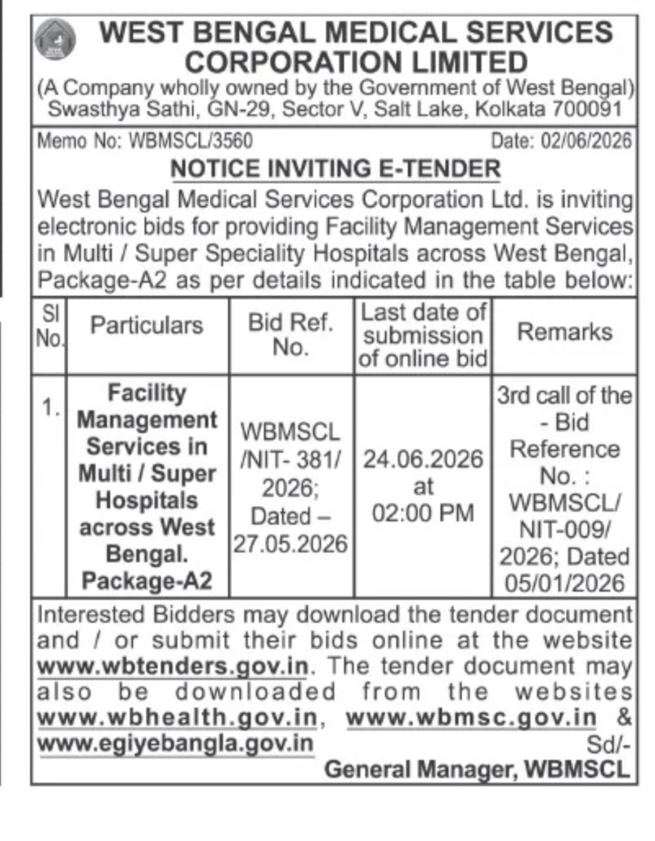 WBMSCL Invites E-Tender for Facility Management Services in Multi/Super Speciality Hospitals Across West Bengal – Package A2
