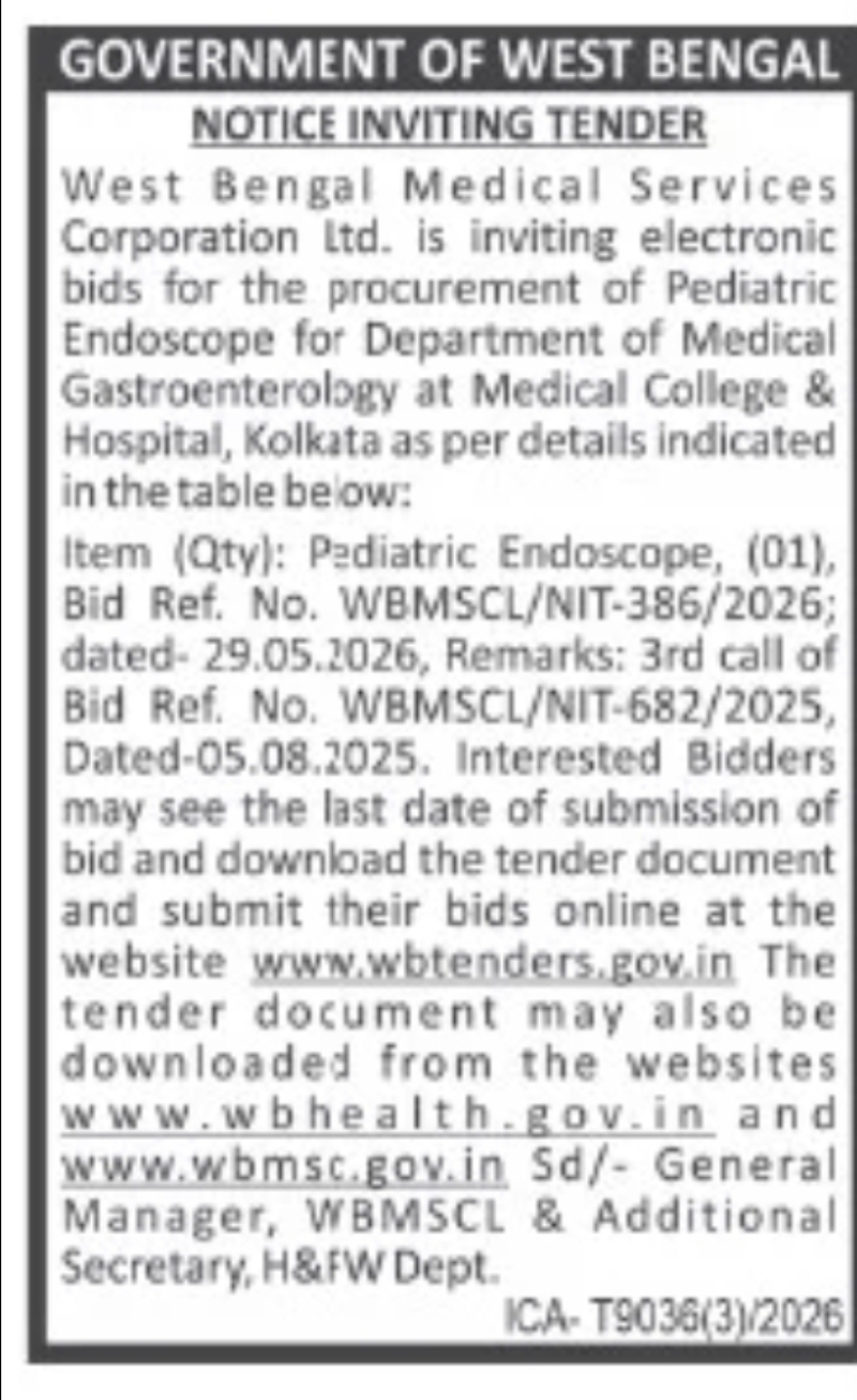 WBMSCL Tender Notice – Procurement of Pediatric Endoscope