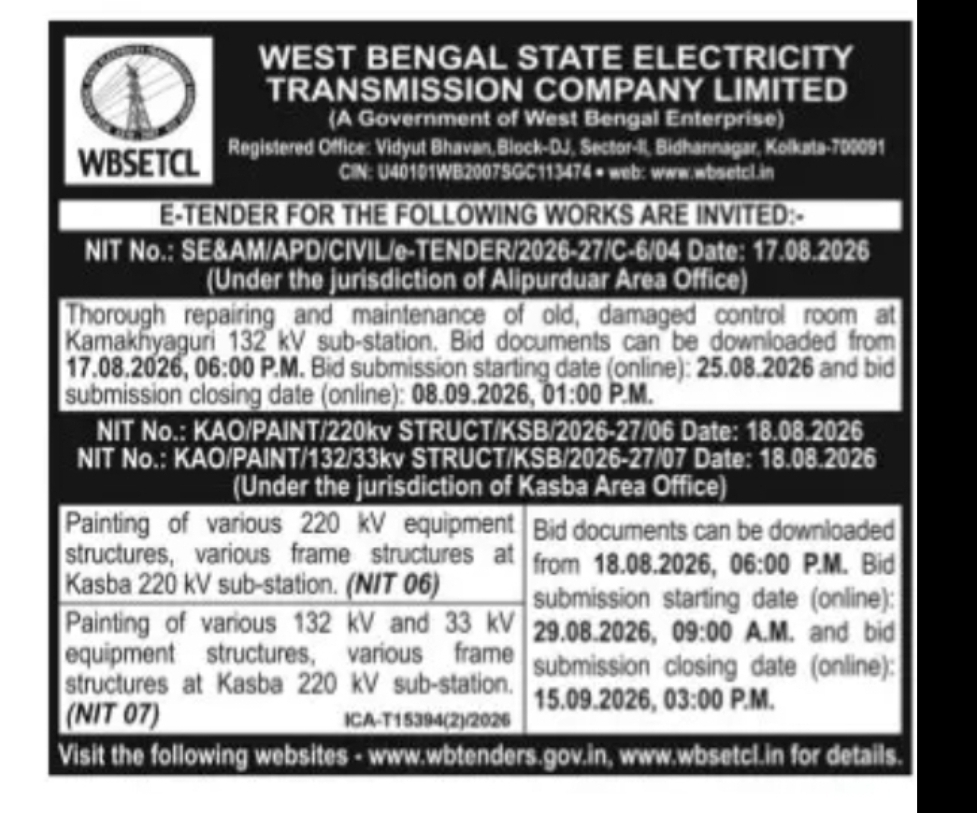 WBSETCL E-Tenders – Sub-Station Repair & Painting Works