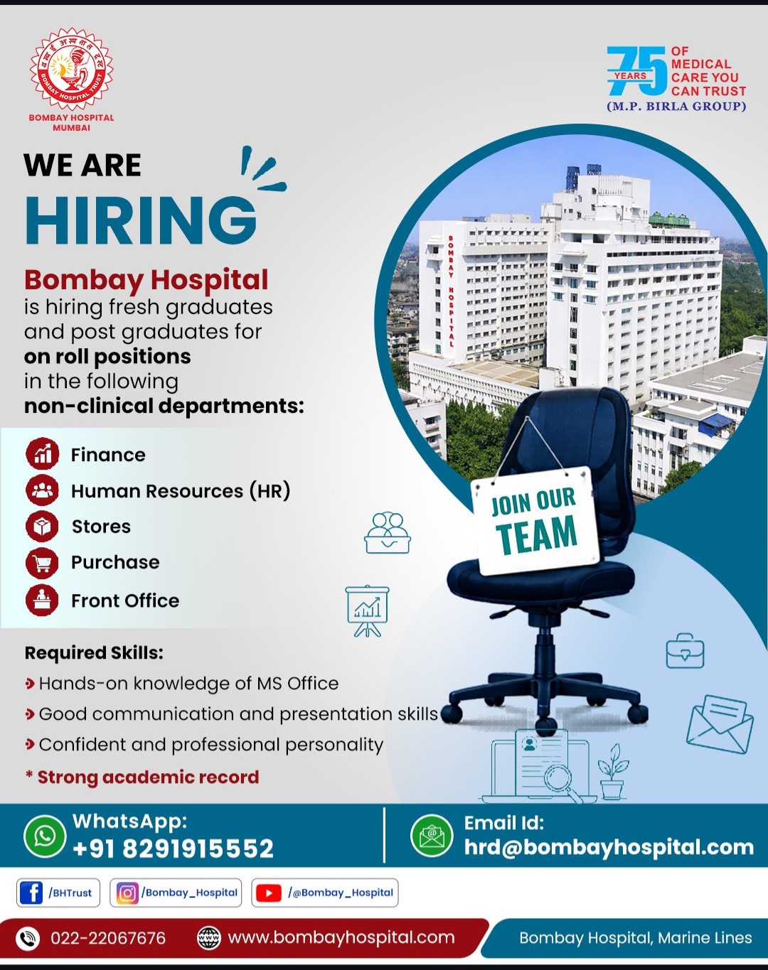 WE ARE HIRING | Bombay Hospital – Non-Clinical Positions for Freshers & Post Graduates
