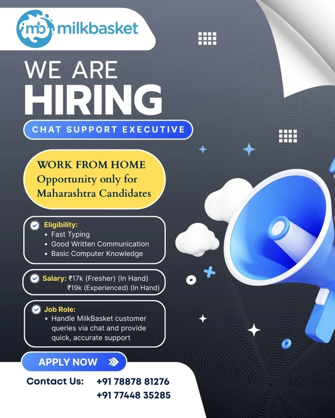We Are Hiring - Chat Support Executive (MilkBasket)
