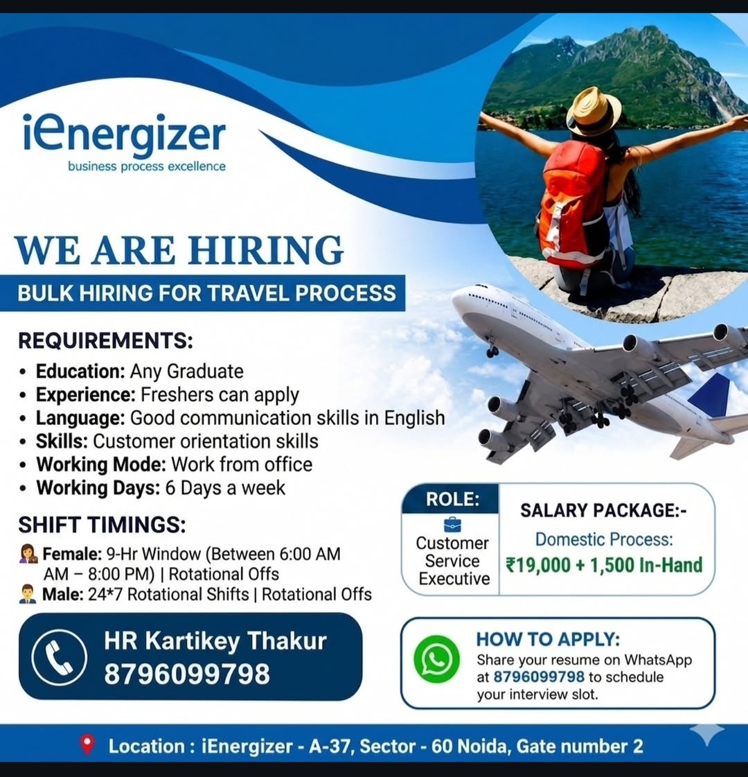 We are hiring for bulk recruitment in the Travel Process.