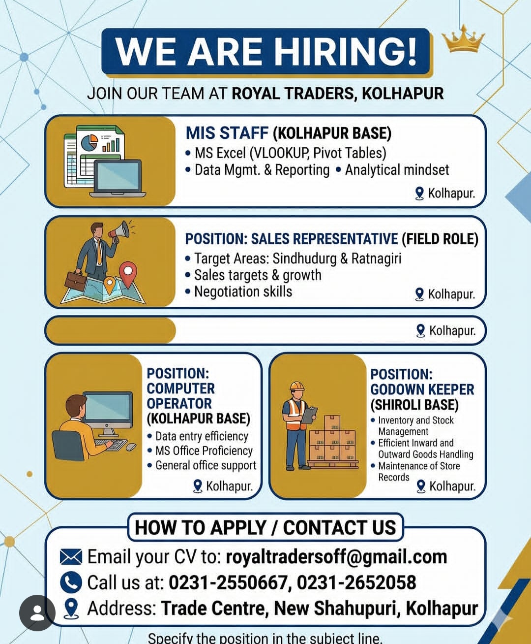 WE ARE HIRING JOIN OUR TEAM AT ROYAL TRADERS, KOLHAPUR