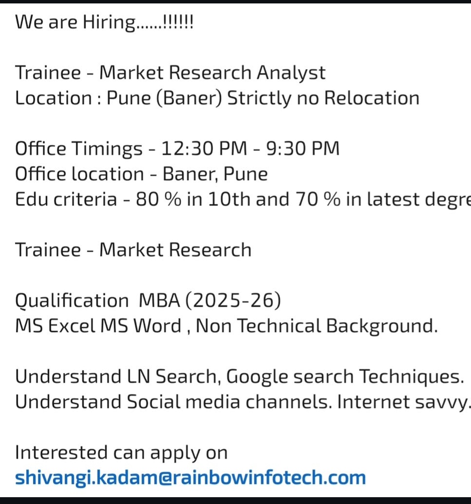 We are Hiring  Trainee – Market Research Analyst