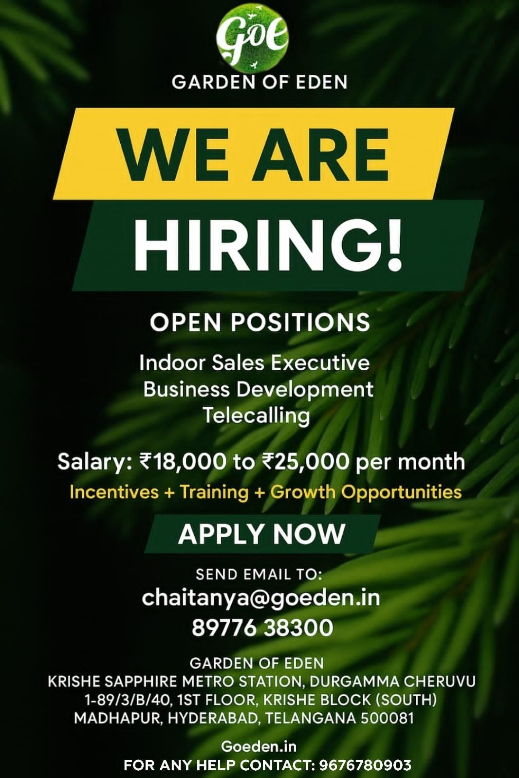 🚀 We’re Hiring at Garden of Eden!