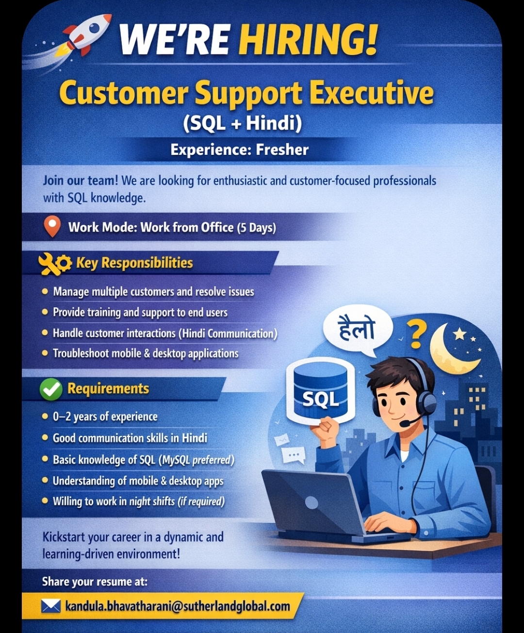 🚀 We’re Hiring: Customer Support Executive (SQL + Hindi)