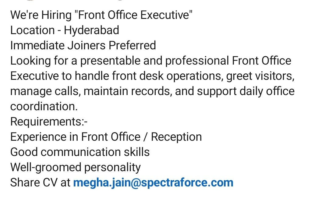 We're Hiring "Front Office Executive'