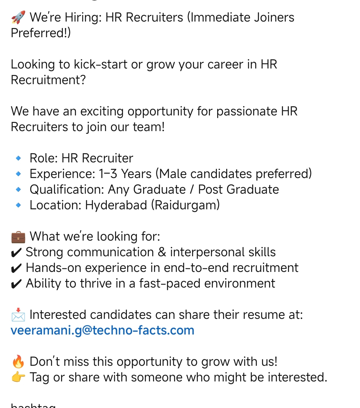 🚀 We’re Hiring: HR Recruiter (Immediate Joiners Preferred!)