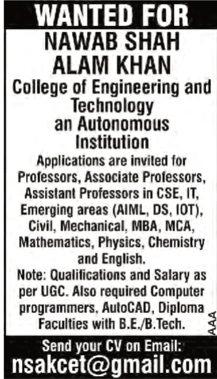 📢 We’re Hiring – Nawab Shah Alam Khan College of Engineering and Technology