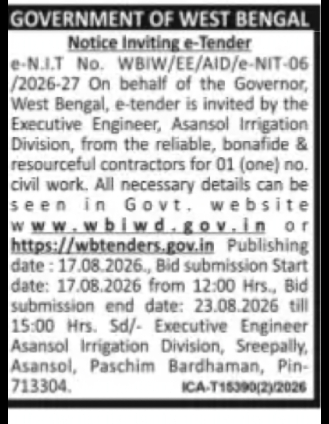 West Bengal Irrigation Department Tender – Asansol