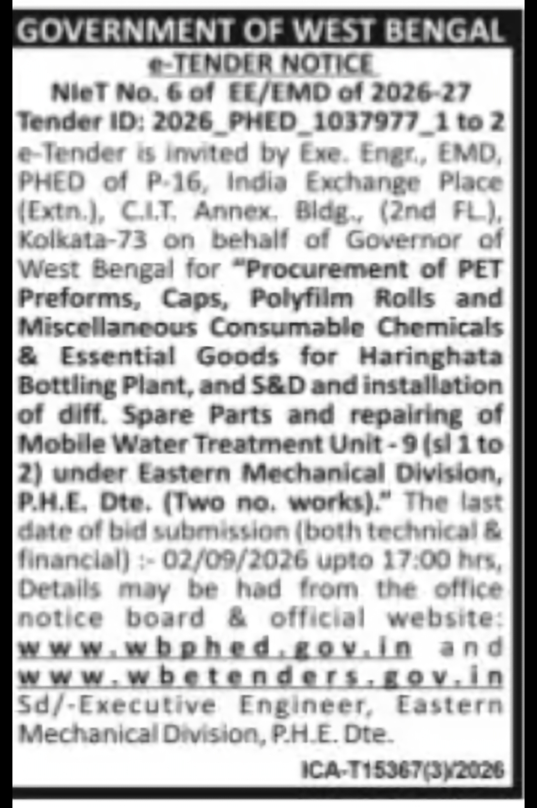 West Bengal PHED Tender – Eastern Mechanical Division