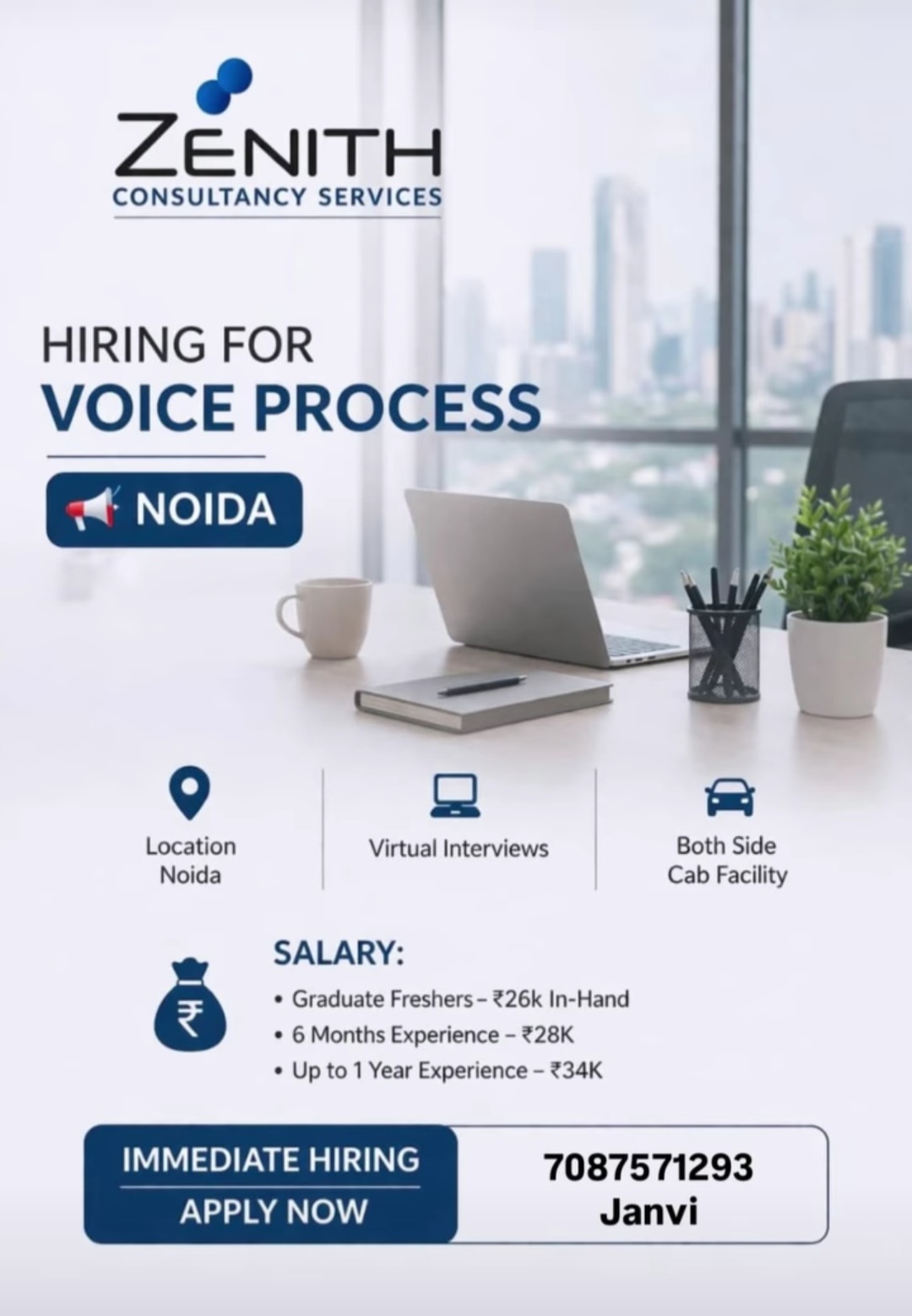 ZENITH Consultancy Services is hiring for Voice Process roles in Noida.