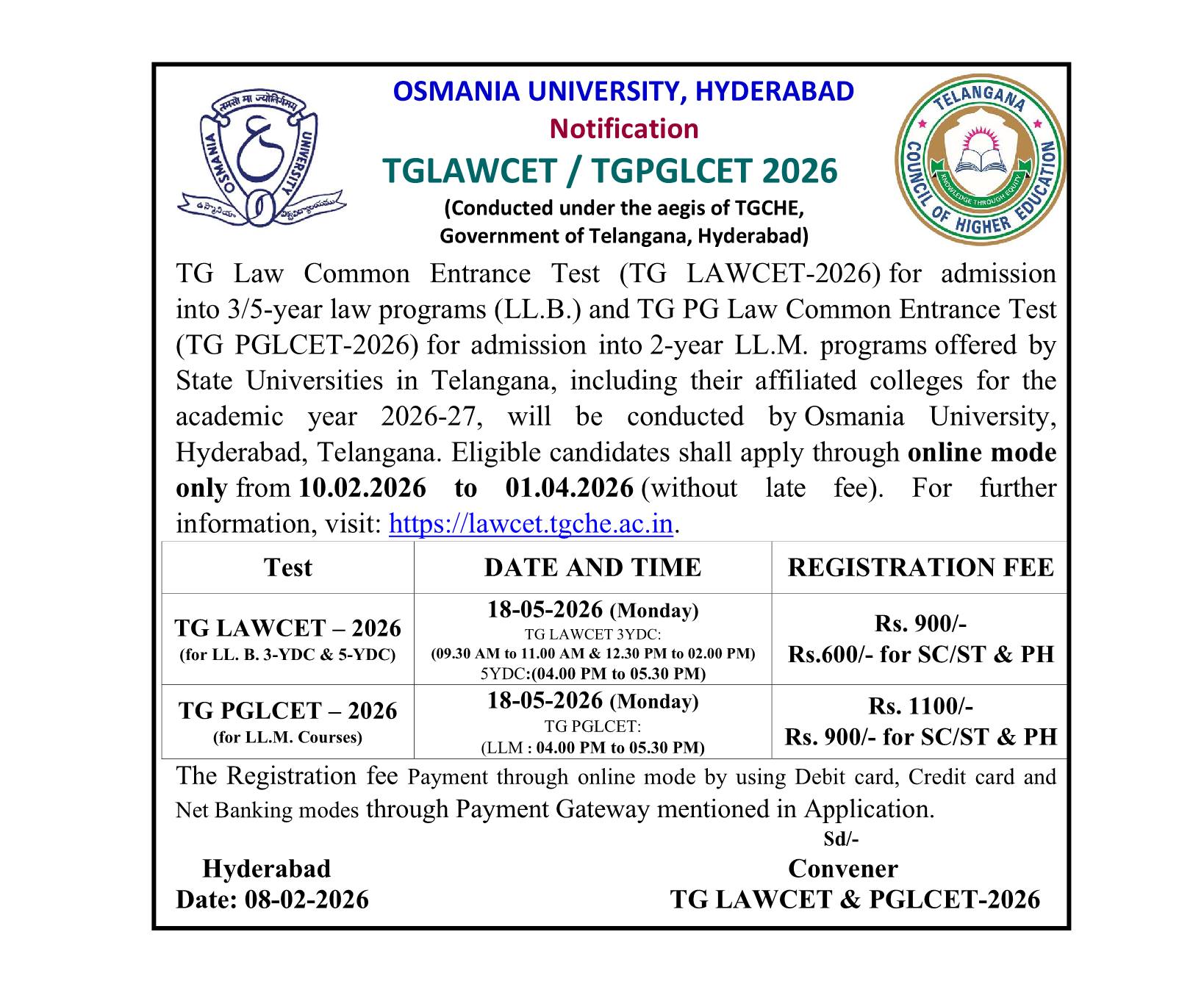 LAWCET APPLICATIONS -Osmania University
