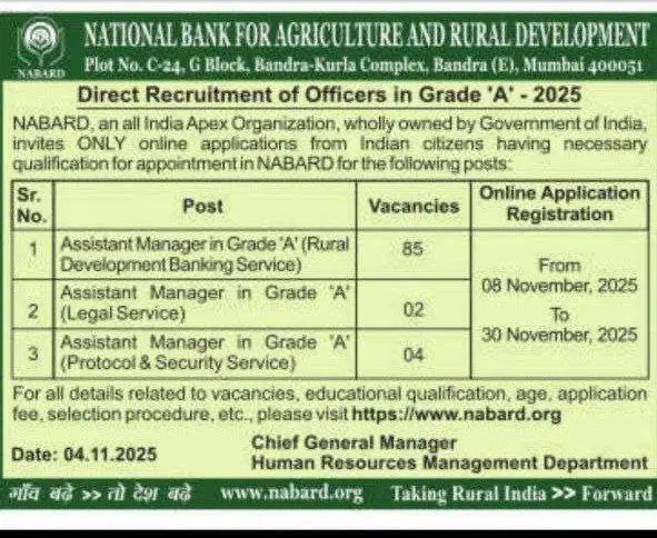 NABARD Grade A Notification 2025 Out for 91 Assistant Manager Posts