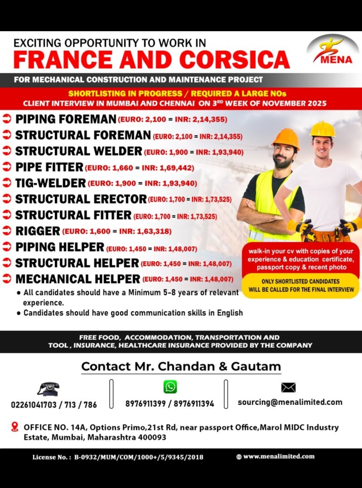 🇫🇷 Work in France & Corsica – Urgent Hiring! 🔧👷‍♂️