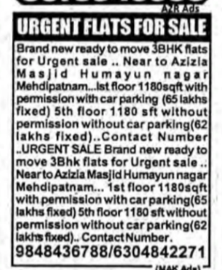3BHK Flats for Urgent Sale in Mehdipatnam