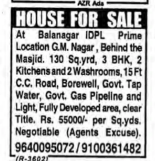 3BHK House for Sale in Balanagar