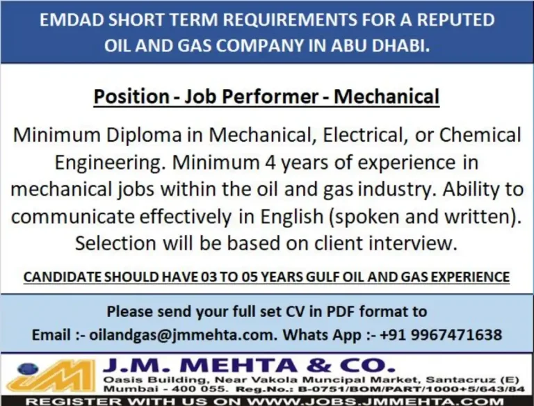 Abu Dhabi: Mechanical Job Performer (J.M. Mehta & Co.)