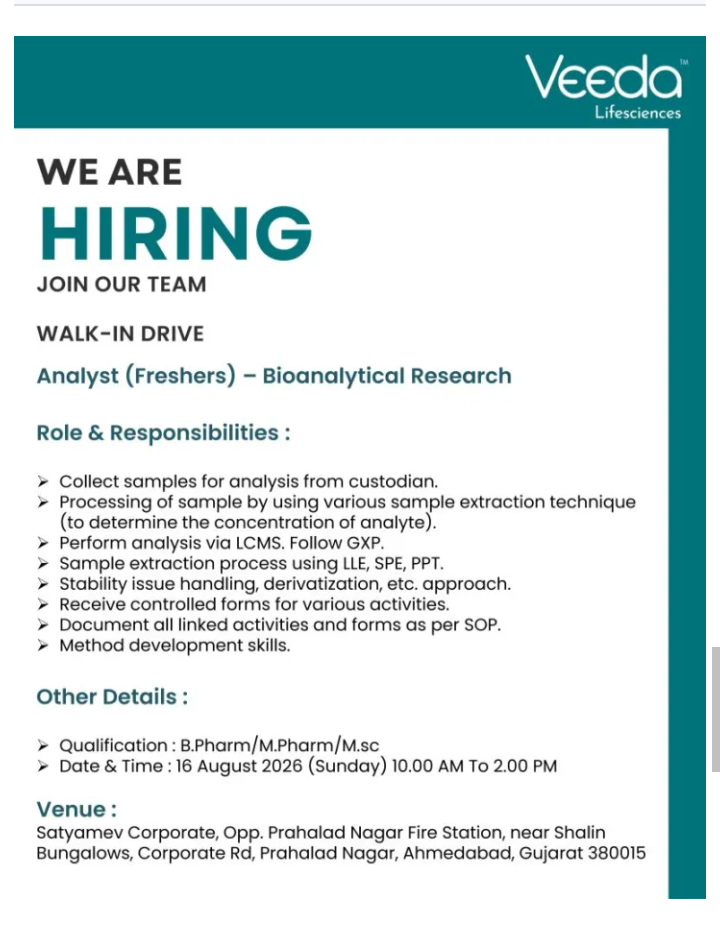 Analyst – Bioanalytical Research Required in Ahmedabad