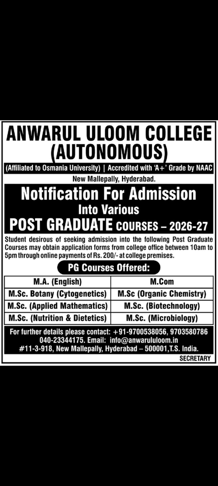 Anwarul Uloom College – PG Admissions 2026–27