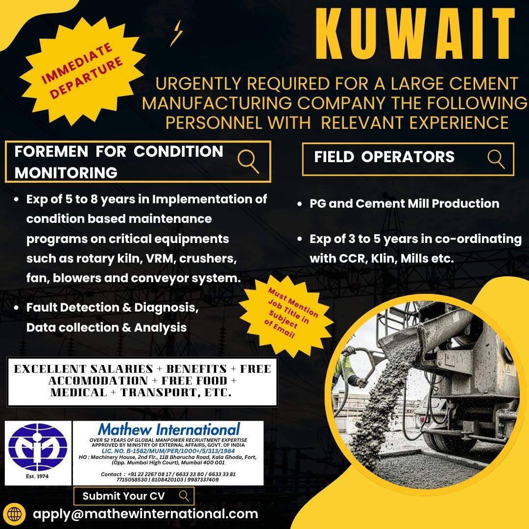 Cement Manufacturing vacancies in Kuwait 🇰🇼