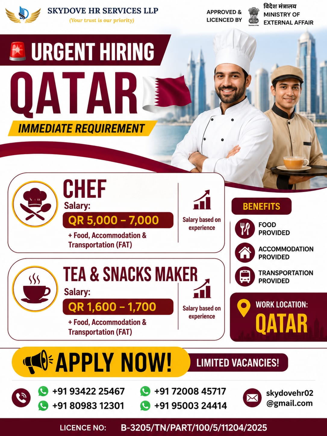 Chef & Tea & Snacks Maker Required in Qatar 🇶🇦