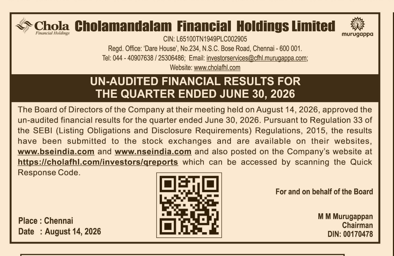 Cholamandalam Financial Holdings Limited – Un-Audited Financial Results for the Quarter Ended June 30, 2026