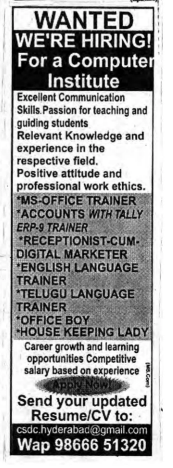 Computer Institute Staff Required in Hyderabad