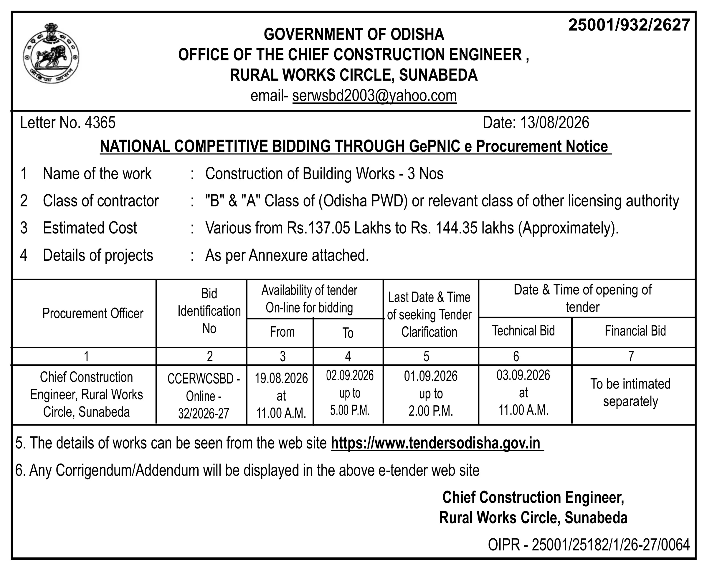 E-Procurement Notice : Construction of 3 Building Works