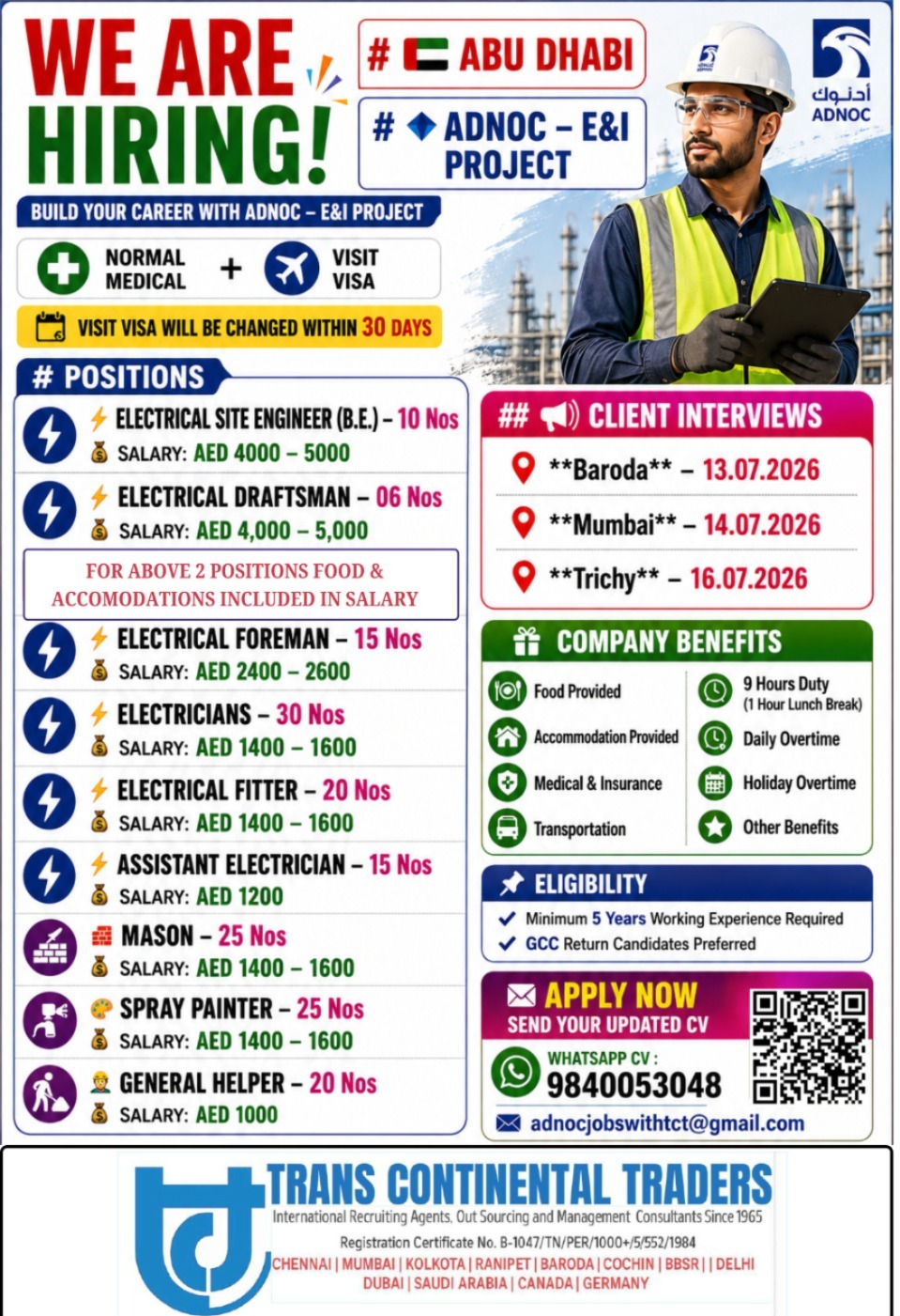 Electrical Staff Required for ADNOC Project UAE 🇦🇪