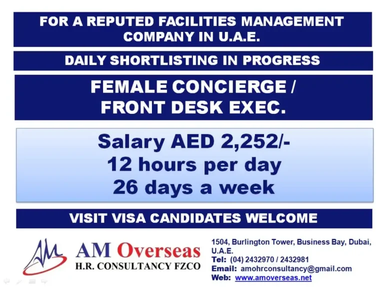 Female Concierge / Front Desk – UAE (AM Overseas)