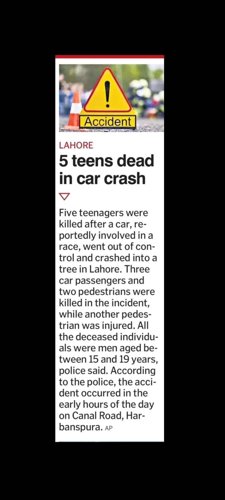 Five Teens Killed in Tragic Car Crash in Lahore