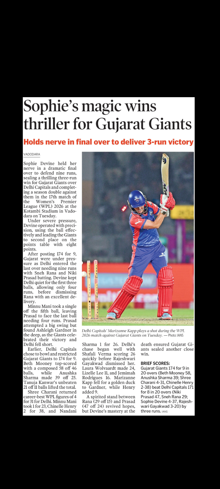 GUJARAT GIANTS EDGE DELHI CAPITALS BY 3 RUNS