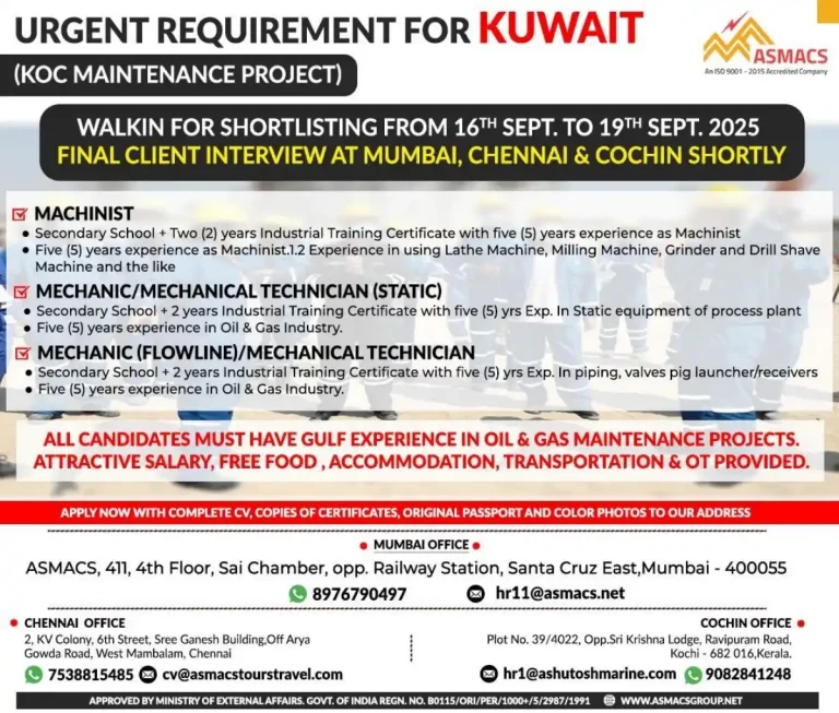 Gulf job-Hiring skilled technicians for mechanical and static equipment maintenance.