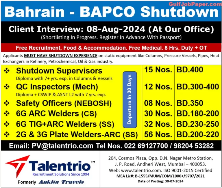Gulf job- Shutdown Vacancies