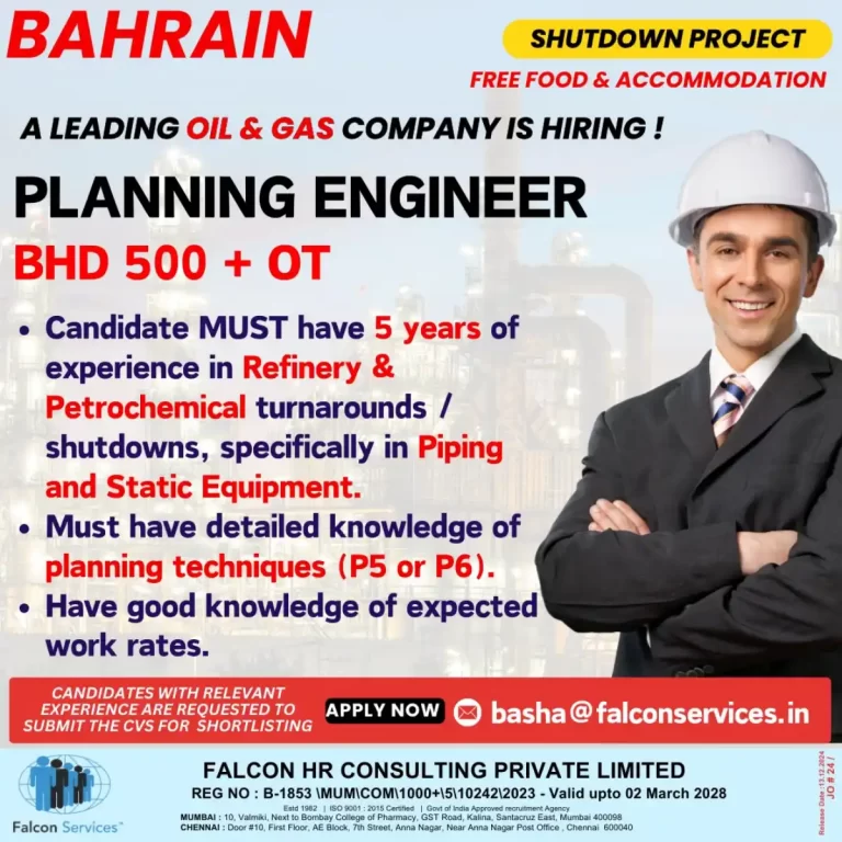 Gulf job Planning Engineer – Shutdown Project, Bahrain (Falcon Services)