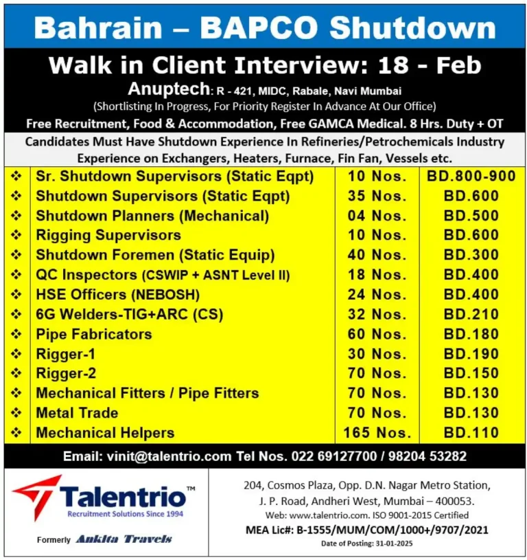 Talentrio – BAPCO Shutdown Walk-In Interview