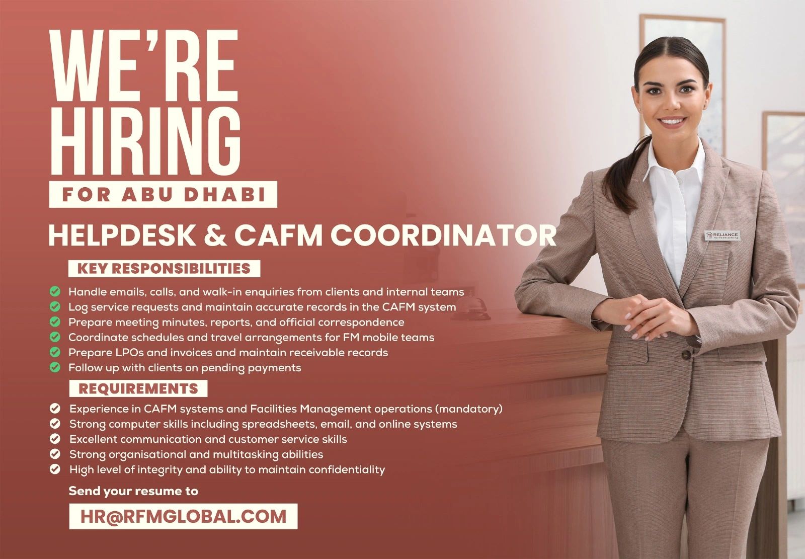 HELPDESK & CAFM COORDINATOR required in UAE