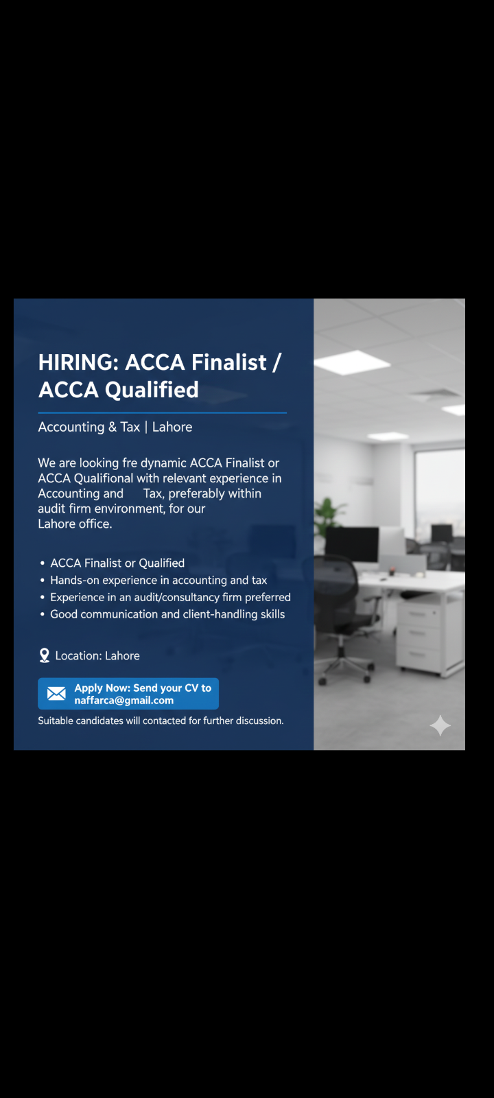 📢 Hiring – ACCA Finalist / Qualified (Accounting & Tax) | Lahore