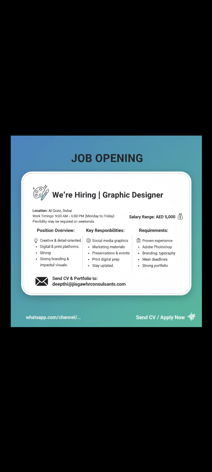 Hiring – Graphic Designer | Al Quoz, Dubai 🏢