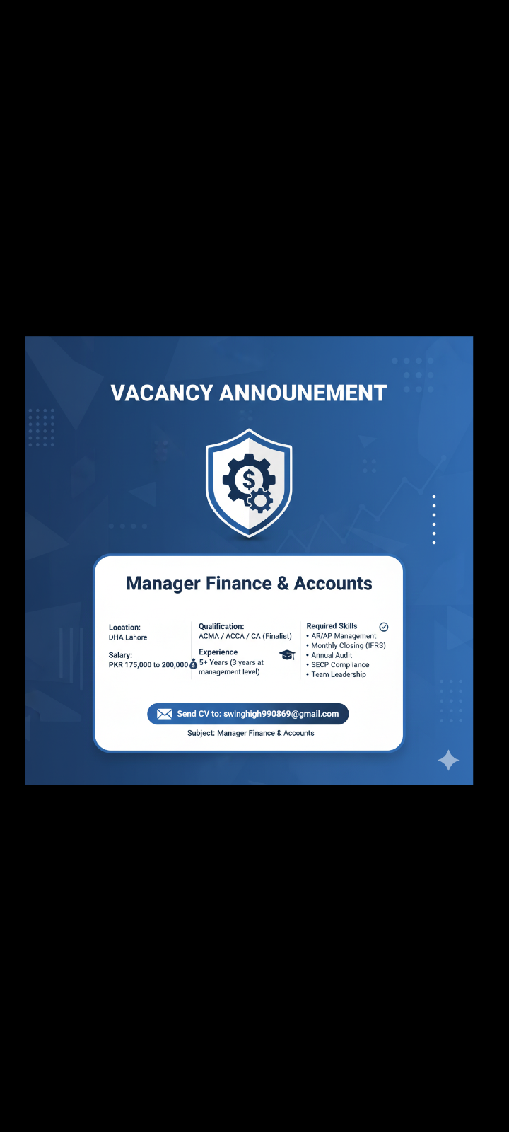 Hiring: Manager – Finance & Accounts