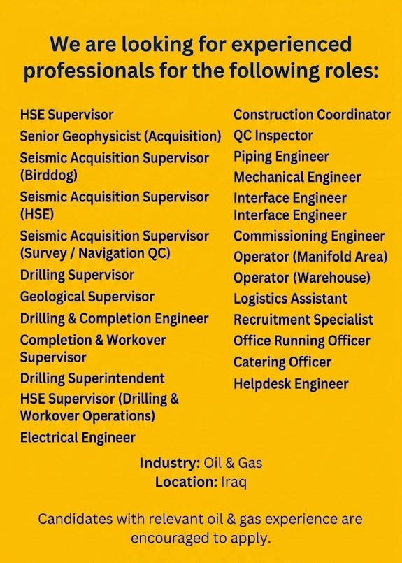 Hiring: Oil & Gas Professionals – Iraq