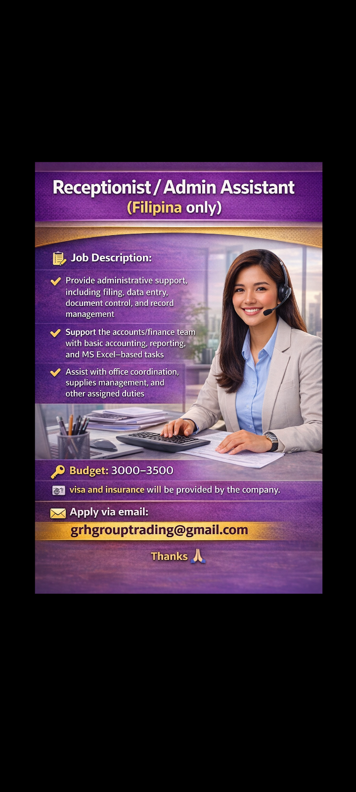 📢 Hiring – Receptionist / Admin Assistant