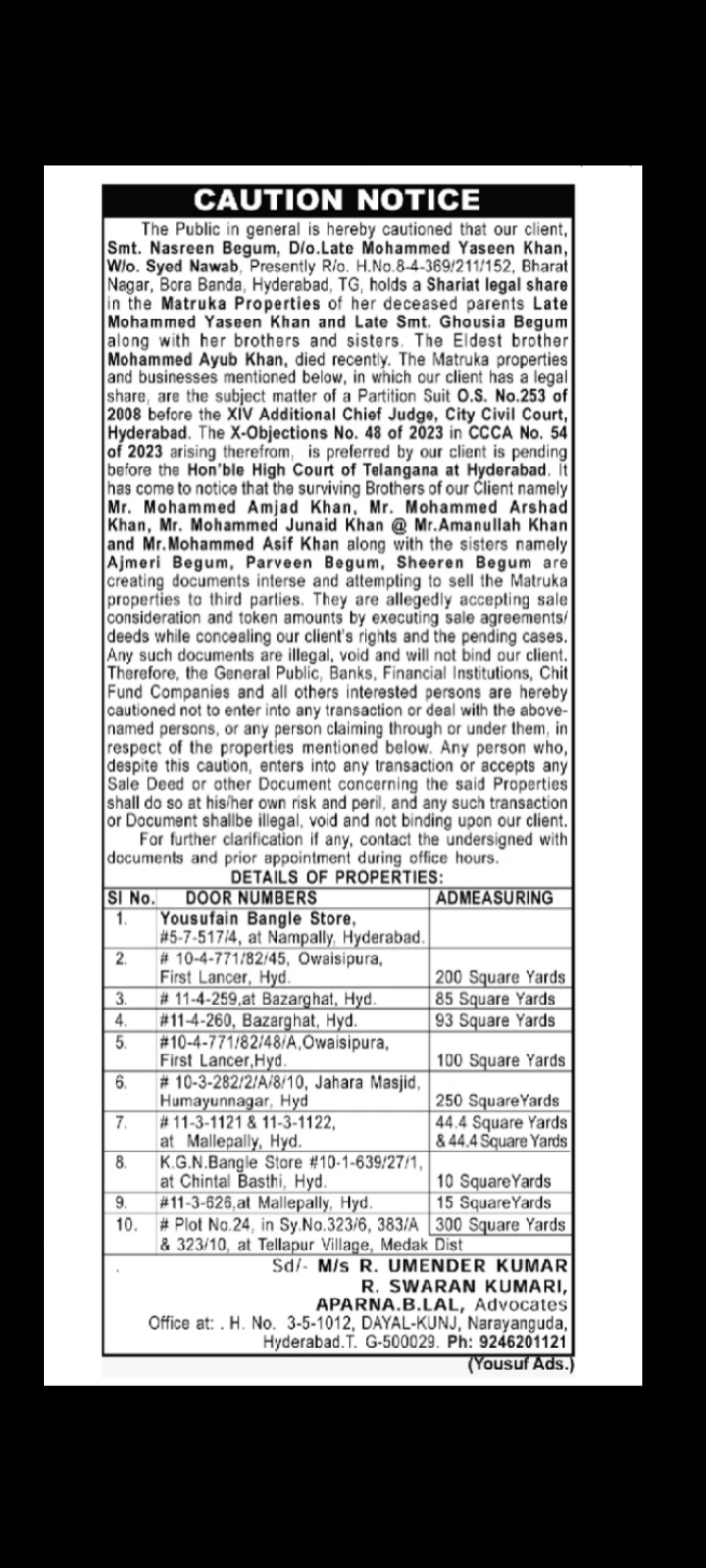 Hyderabad/Medak – Caution Notice Regarding Property Dispute