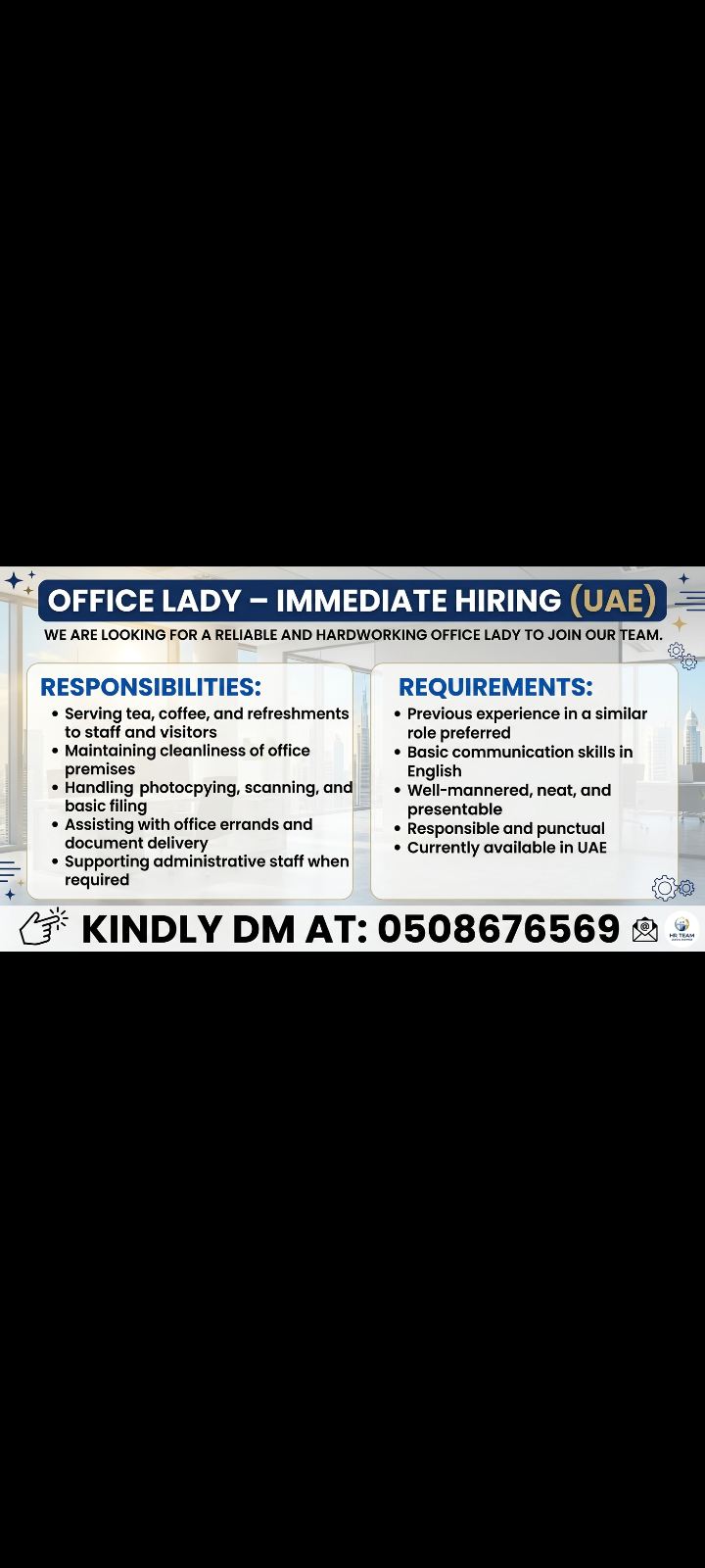 Immediate Hiring: Office Lady – UAE
