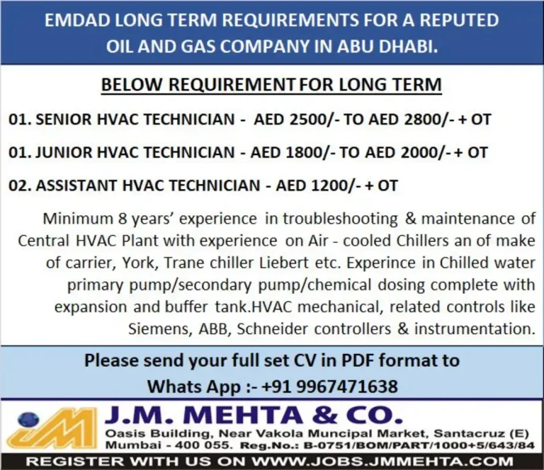 J.M. Mehta & Co. – HVAC Technicians (Abu Dhabi)
